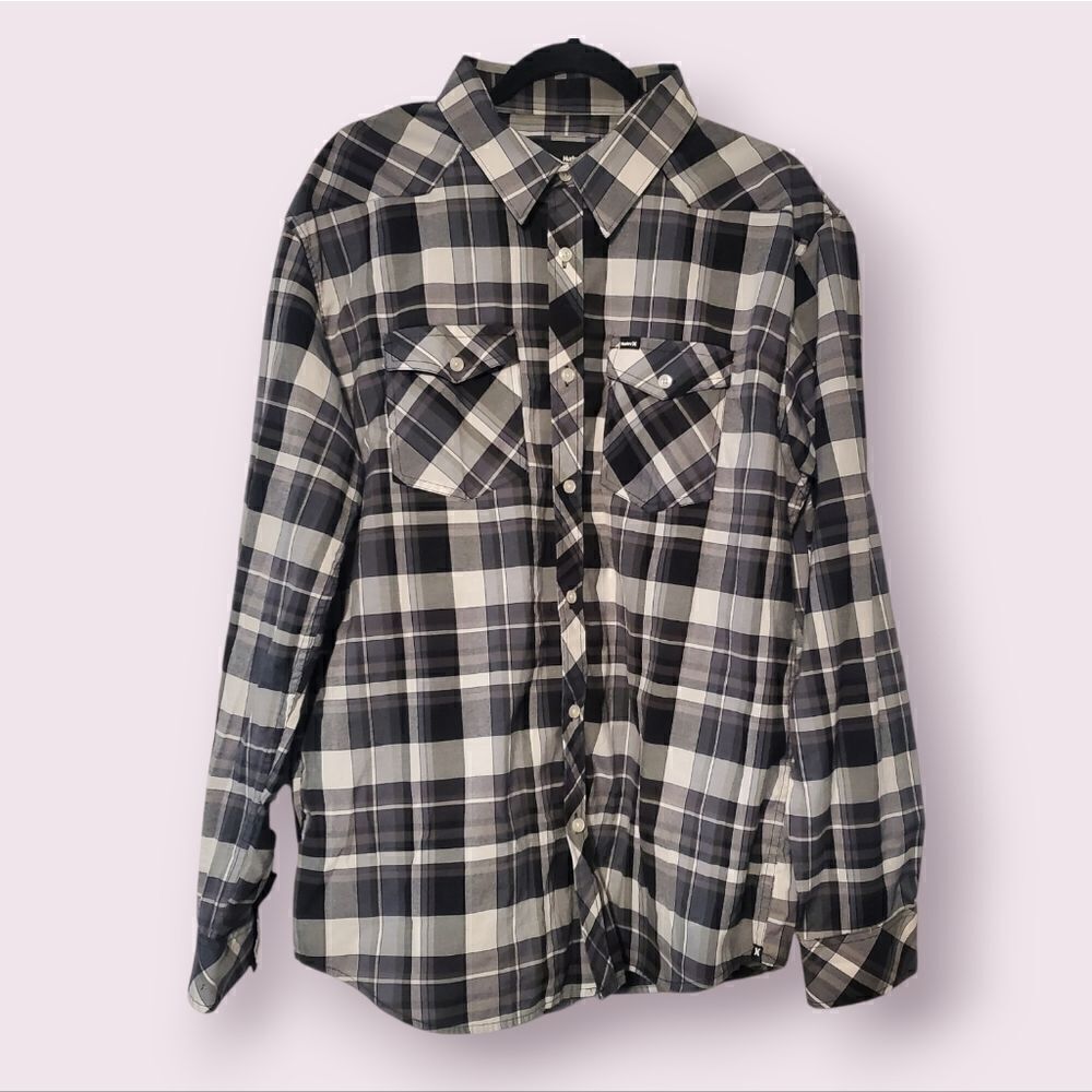 Hurley Shirt Mens XL Gray Black Tartan Plaid Button Up Long Sleeve Surfer Preppy